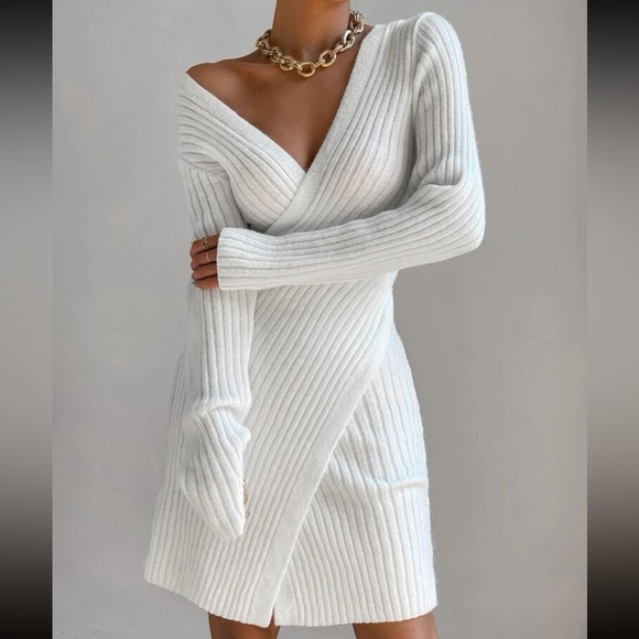 Classic Ribbed Knit Crossover Sweater Dress White - Picture 4 of 6